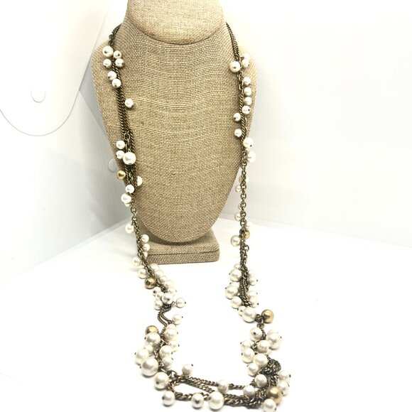 STELLA & DOT CREAM FAUX PEARL ANTIQUED GOLD TONE CHA CHA NECKLACE LONG DANGLE - Picture 1 of 12